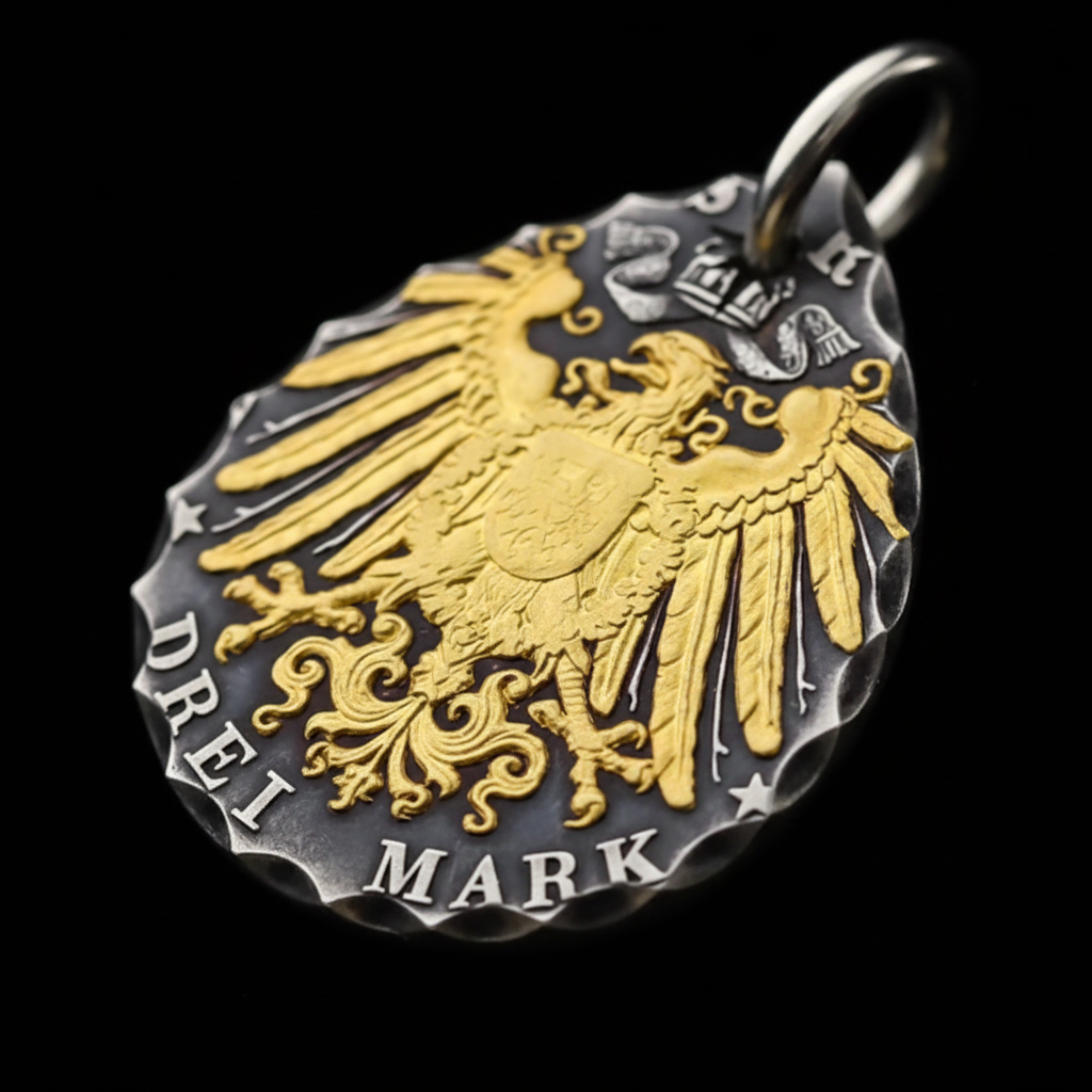 German Double Lions 5 Mark Silver Coin Teardrop Necklace (Chain included)