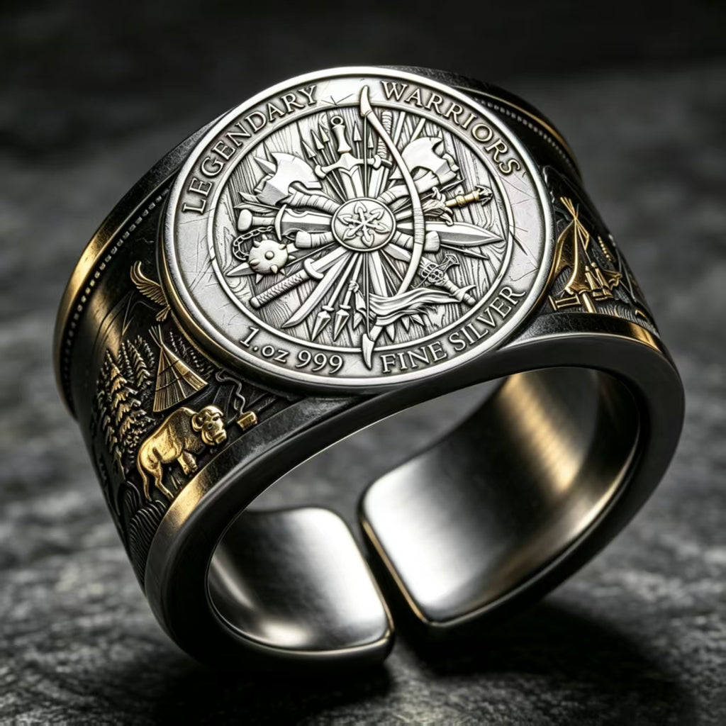 Legendary Warriors Silver Coin Ring – Aztec · Sitting Bull · Buffalo · Cuauhtémoc | Adjustable