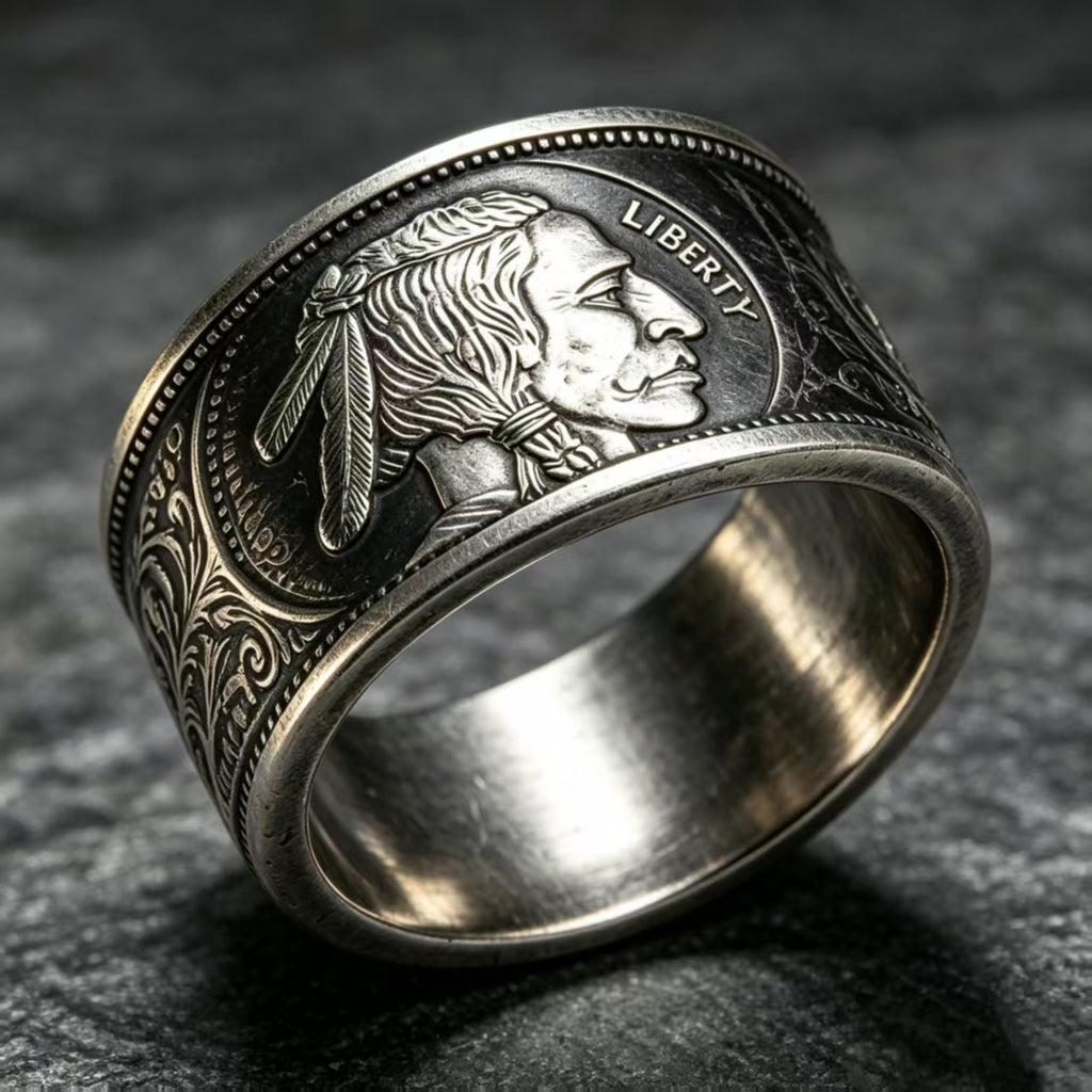 Legendary Warriors Silver Coin Ring – Aztec · Sitting Bull · Buffalo · Cuauhtémoc | Adjustable
