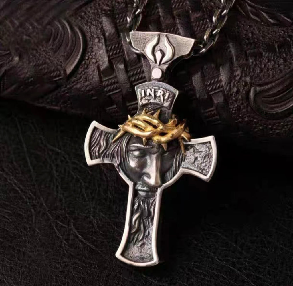 Crown of Thorns Jesus Cross Necklace - Handmade Silver Cross
