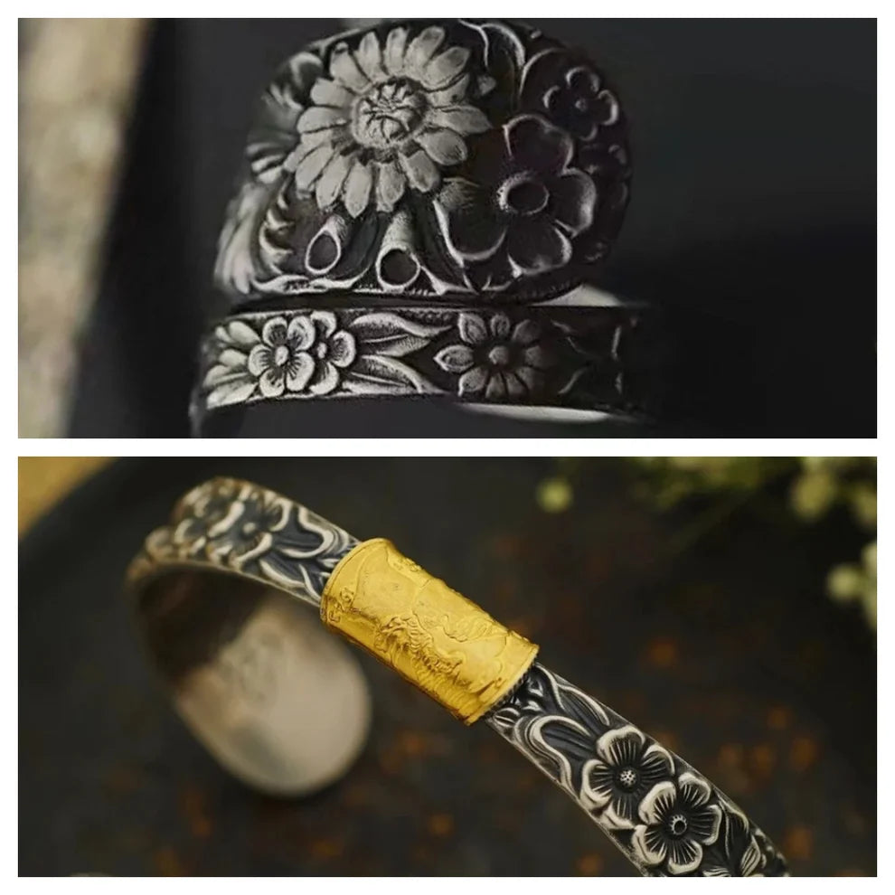 Mongolian Silver Spoon Adapted into a Mongolian Flower Bangle&Ring