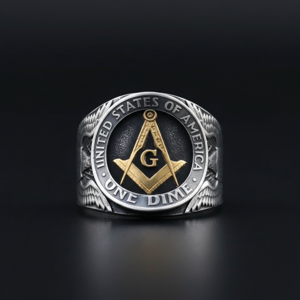 Freemasonry Silver Coin Ring - Optimized Main Image