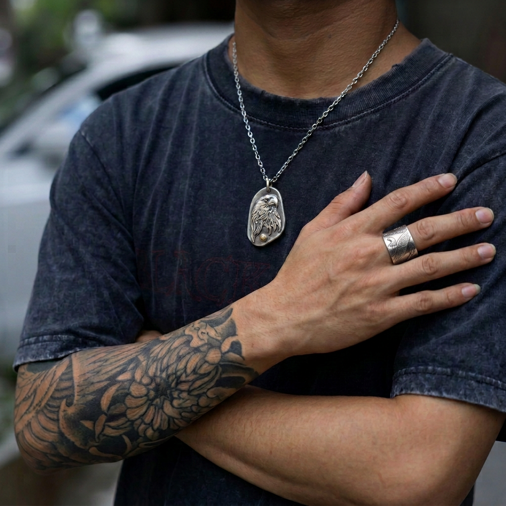 男士佩戴指定鹰面银币戒指