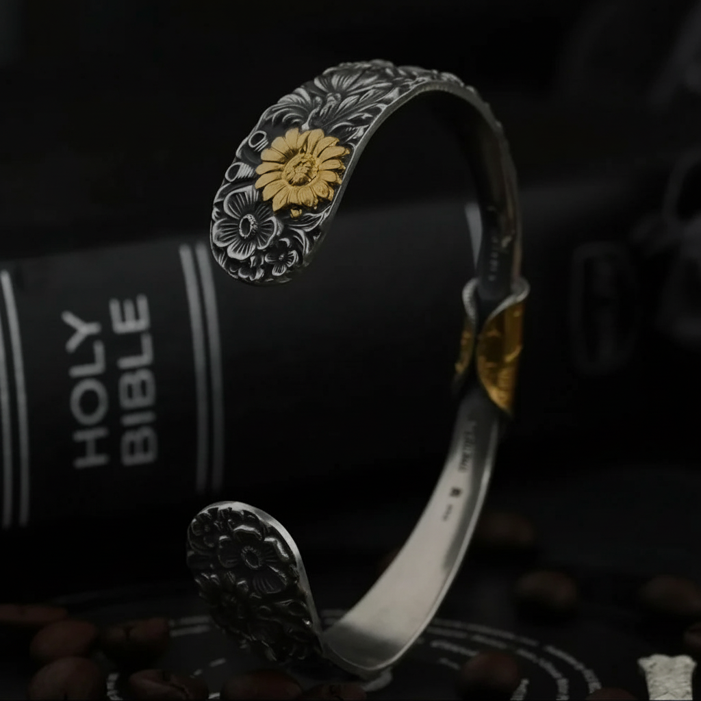 Mongolian silver spoon flower bangle with original background