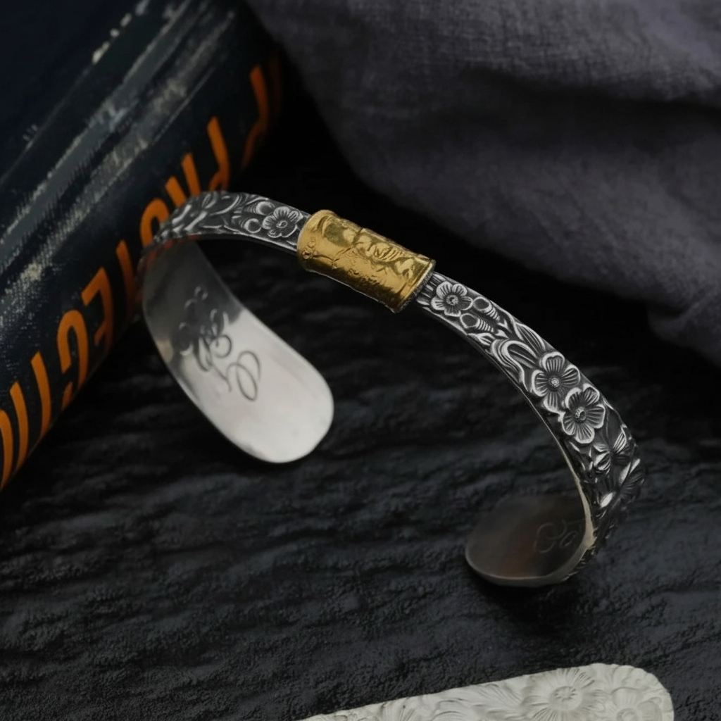 Mongolian silver spoon flower bangle with original background