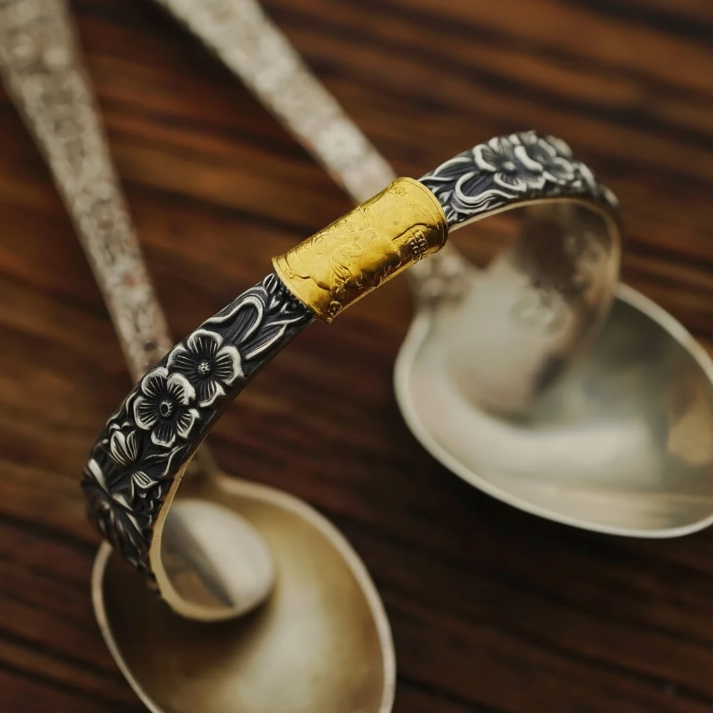 Mongolian silver spoon flower bangle with original background