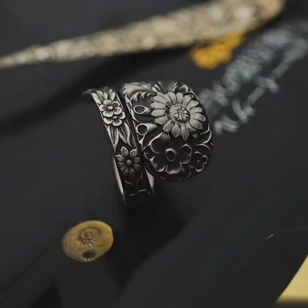 Mongolian silver spoon flower bangle with original dark background