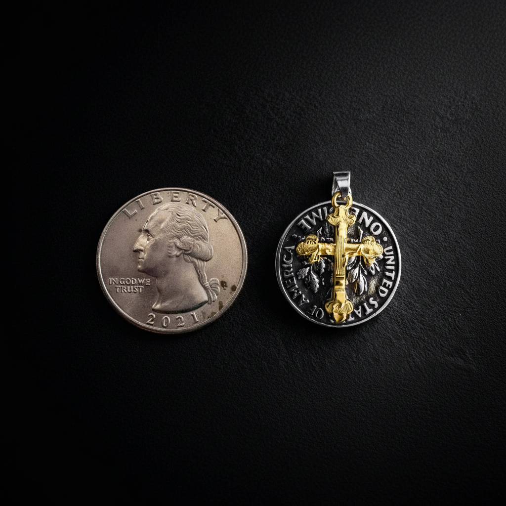 故事图 - 描述中硬币与Vintage Coin Cross Necklace并排